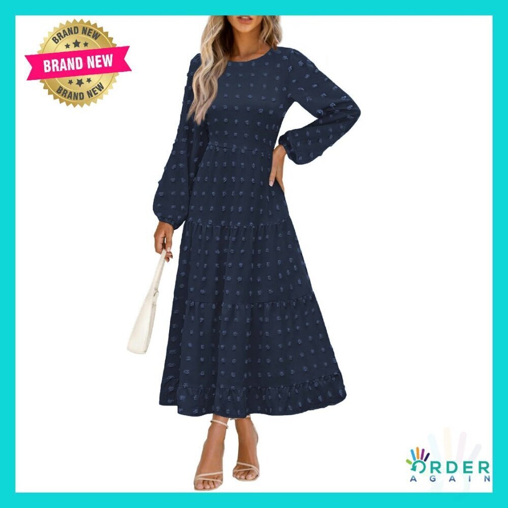 Elegant Swiss Dot Maxi Dress Long Sleeve A Line Flowy Holiday Party Wear